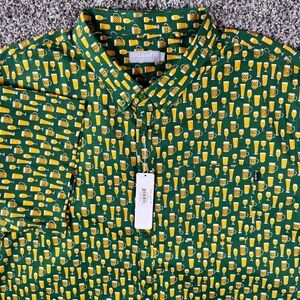 NEW RIGAWTR Mens 3XL Green Beer-themed Short Sleeved, Buttoned Up Shirt Hawaiian